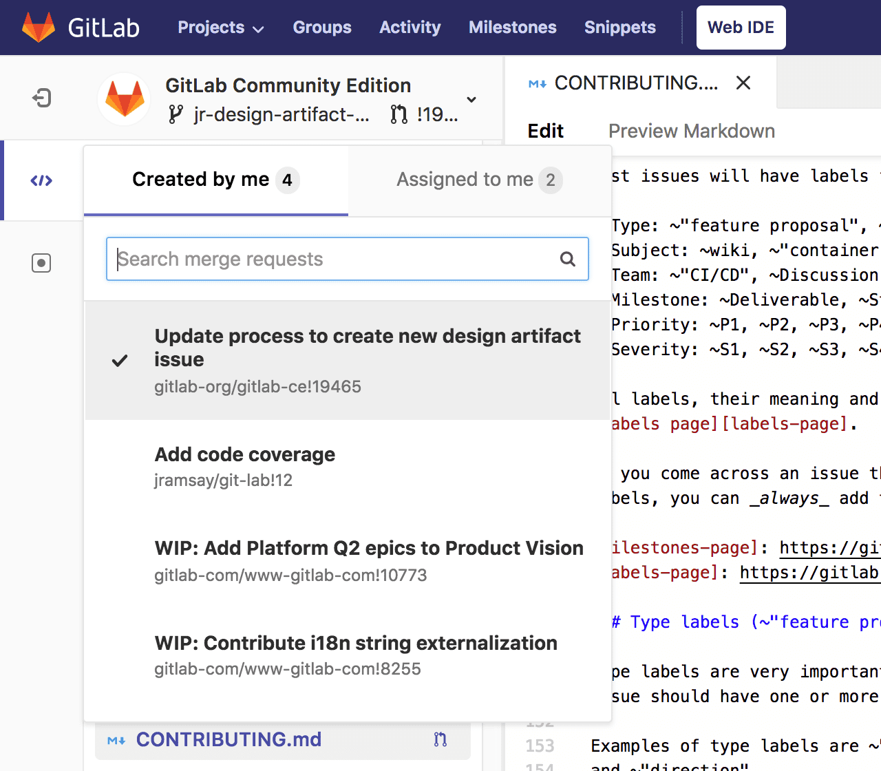 Switch between merge requests in the Web IDE