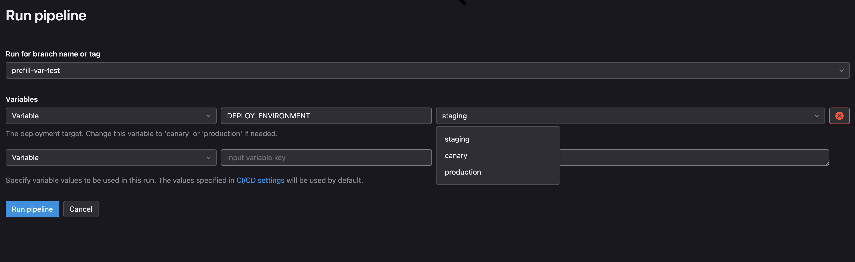 Select predefined CI/CD variables values from a dropdown list