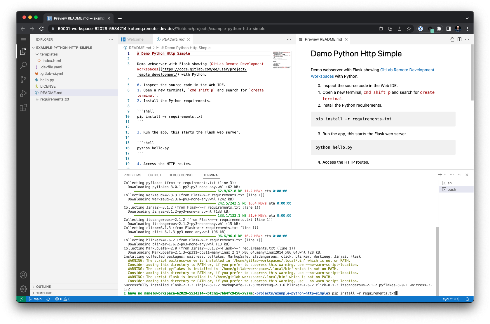 GitLab remote development workspaces, Python example, install requirements in the terminal