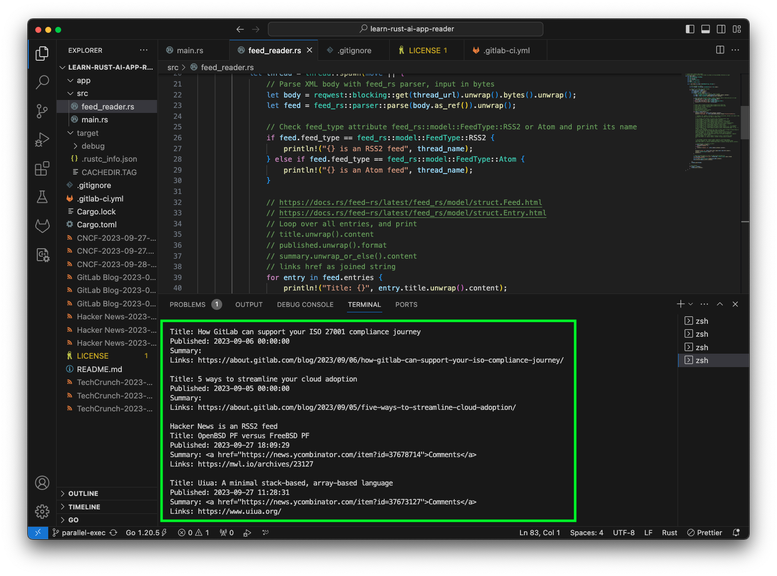 VS Code Terminal, cargo run with formatted feed entries output