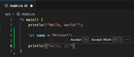 VS Code main.rs Rust code suggestion, first step in print