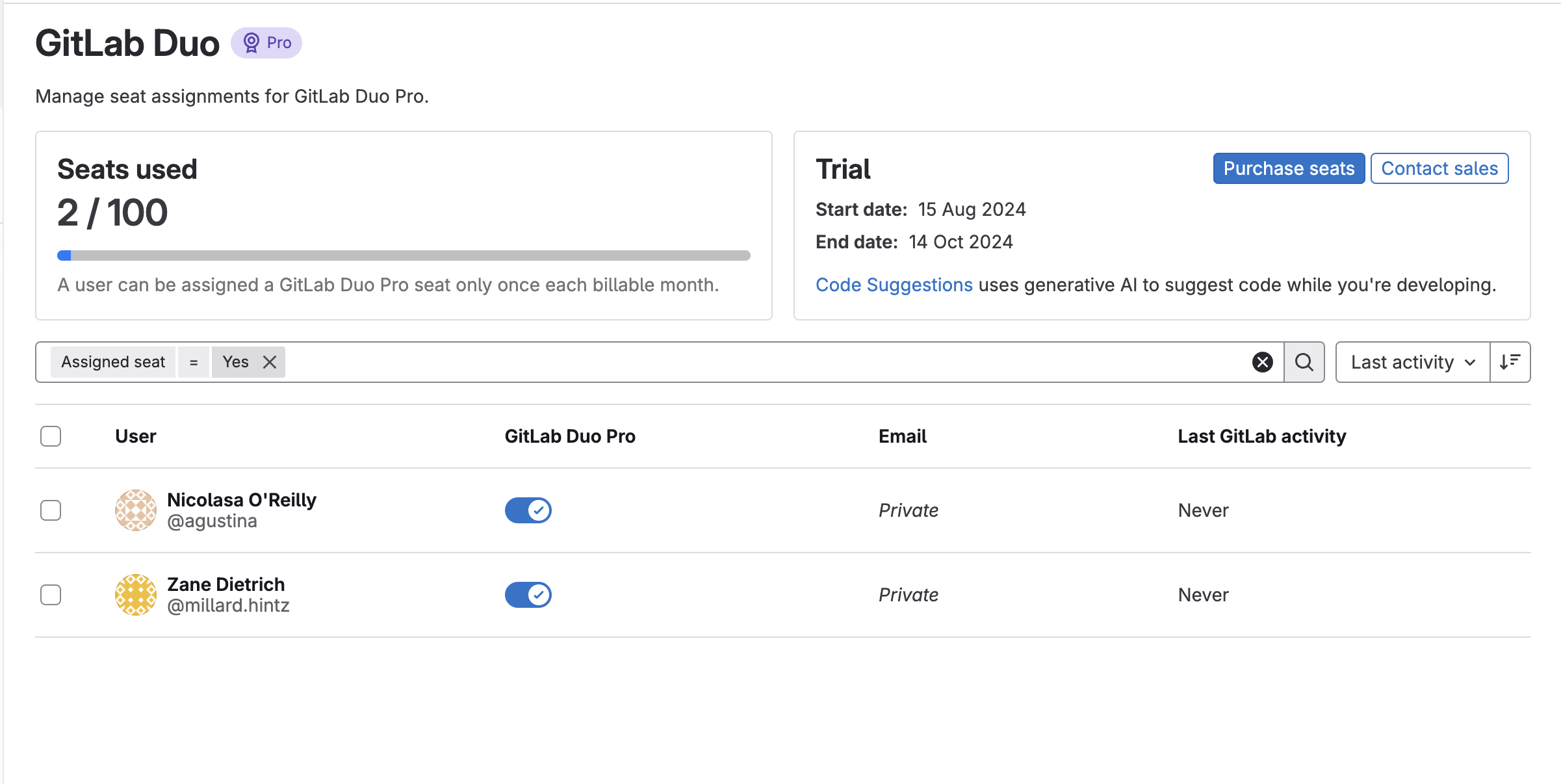 Filter GitLab Duo users by assigned seat